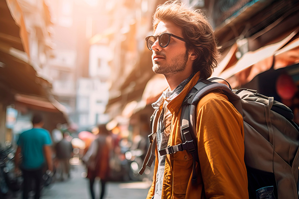 traveler exploring a new city during a break from remote work, capturing the essence of nomad life.