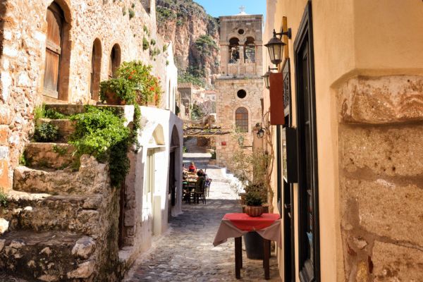 Monemvasia, Laconia: Medieval fortress town on a rocky islet with narrow streets, Byzantine and Venetian architecture