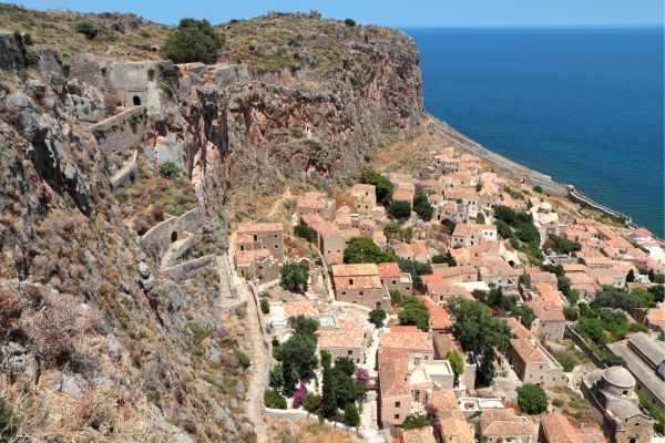 Monemvasia, Laconia: Medieval fortress town on a rocky islet with narrow streets, Byzantine and Venetian architecture