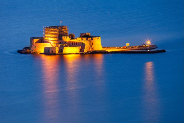 Bourtzi Fortress, Nafplio: Venetian-era fortress on a tiny islet in the harbor, historically used for defense and now a popular sightseeing spot